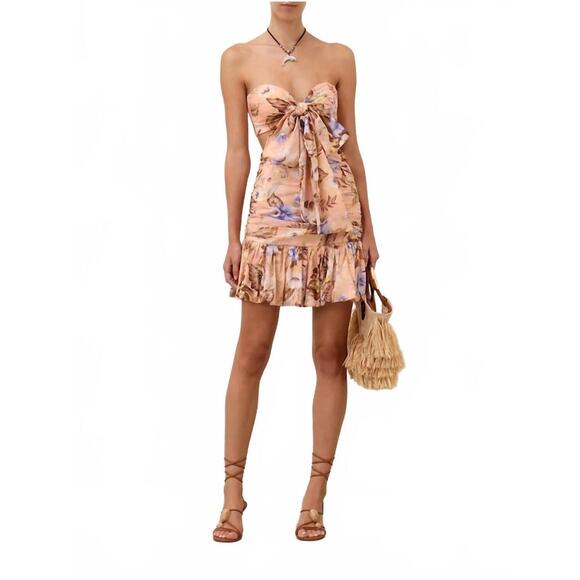 NEW ZIMMERMANN women's coco bow front mini dress in peach multi floral